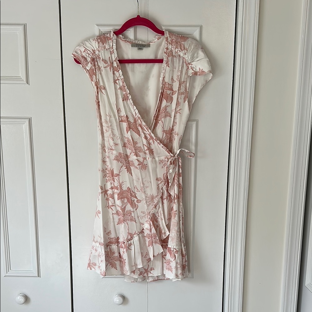 All Saints Pink Flutter Sleeve Wrap Mini Dress